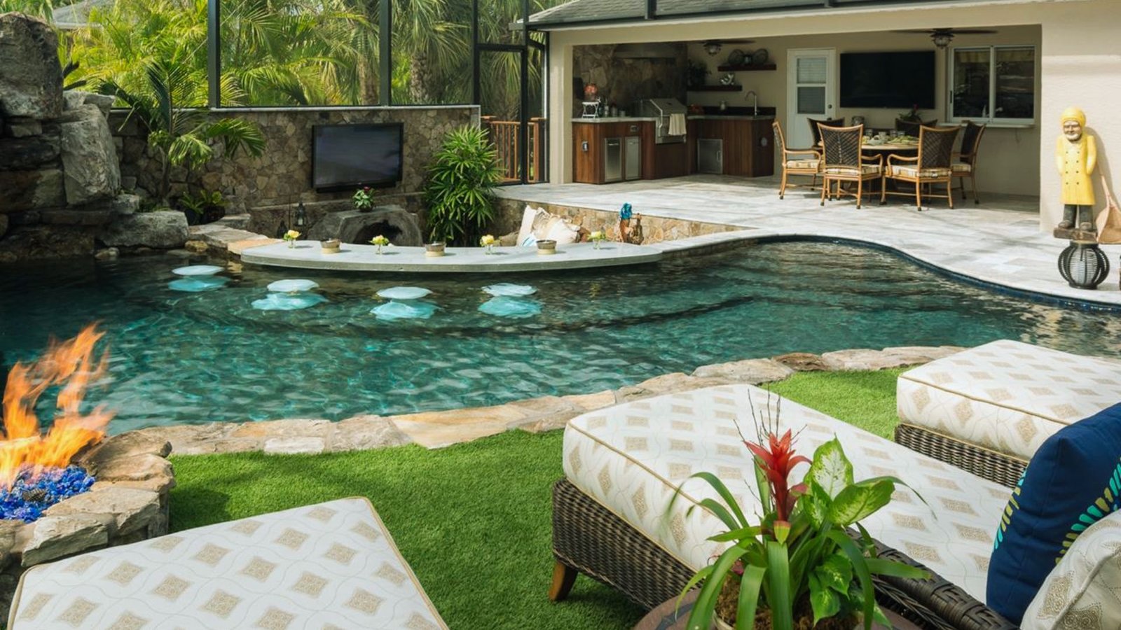 A backyard featuring a swimming pool surrounded by a fire pit, creating a cozy outdoor gathering space.