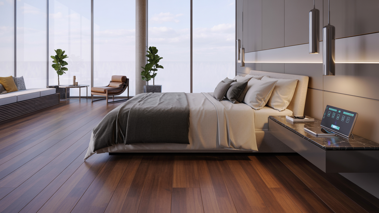  A cozy bedroom featuring a neatly made bed and a desk with a chair, creating a comfortable living space.