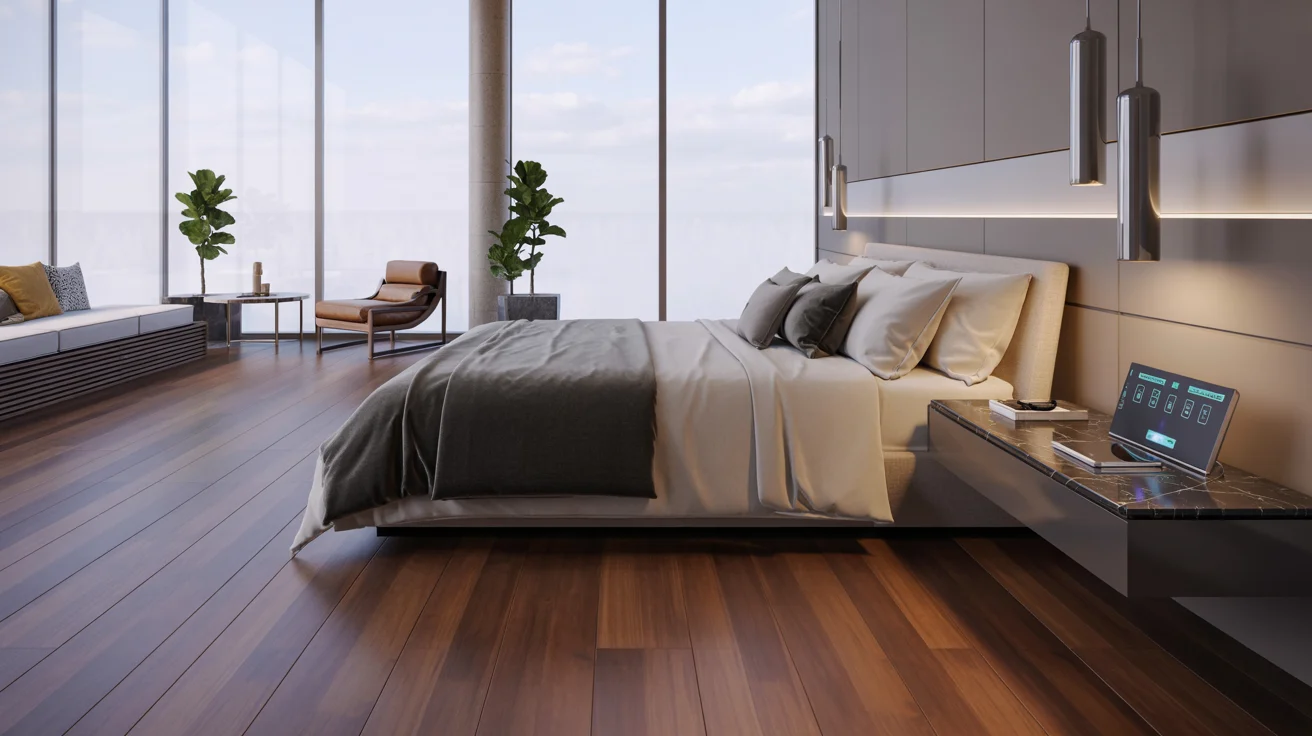 A cozy bedroom featuring a neatly made bed and a desk with a chair, creating a comfortable living space.