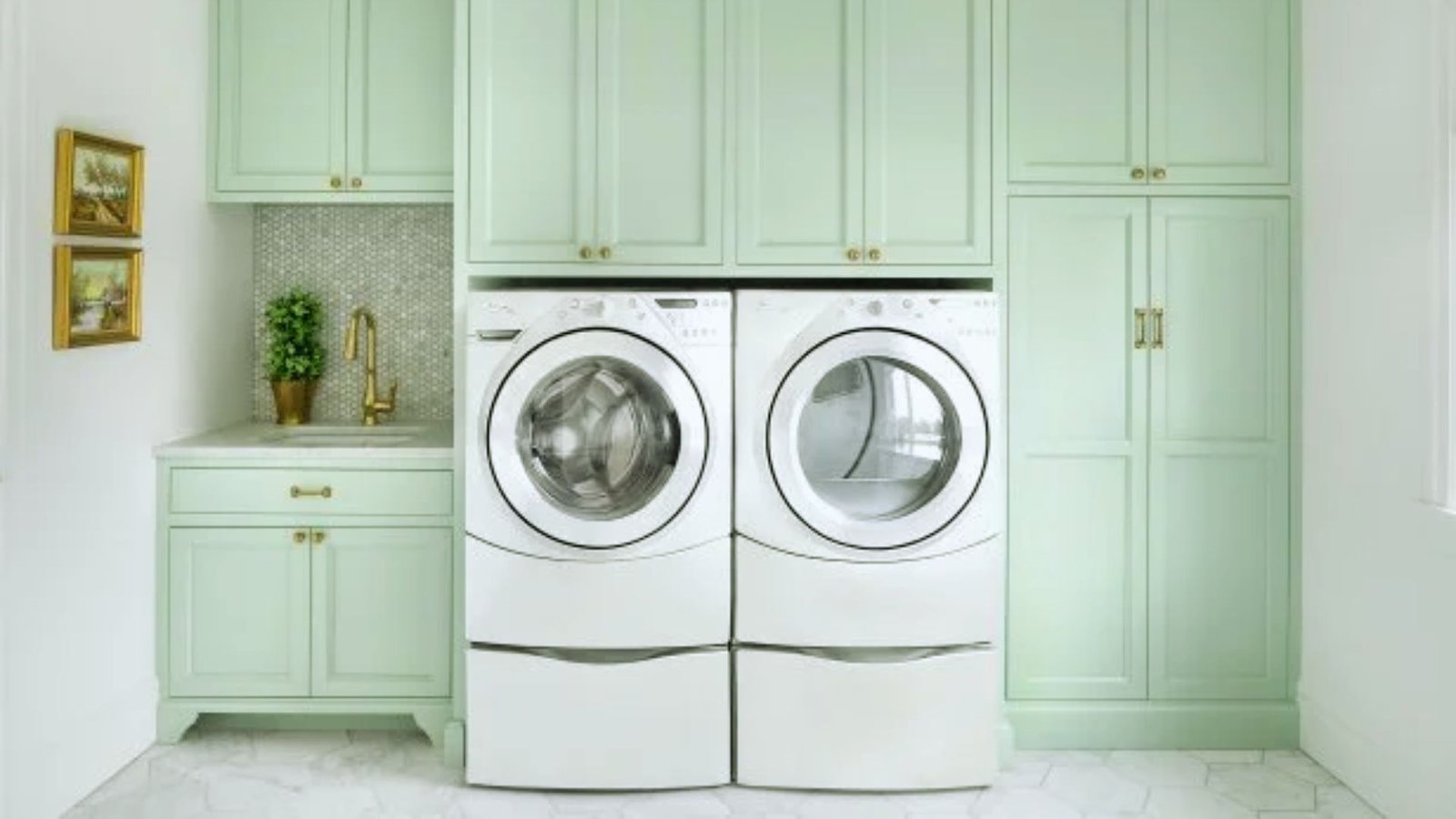 A laundry room featuring a washer and dryer, with shelves and laundry supplies visible in the background.