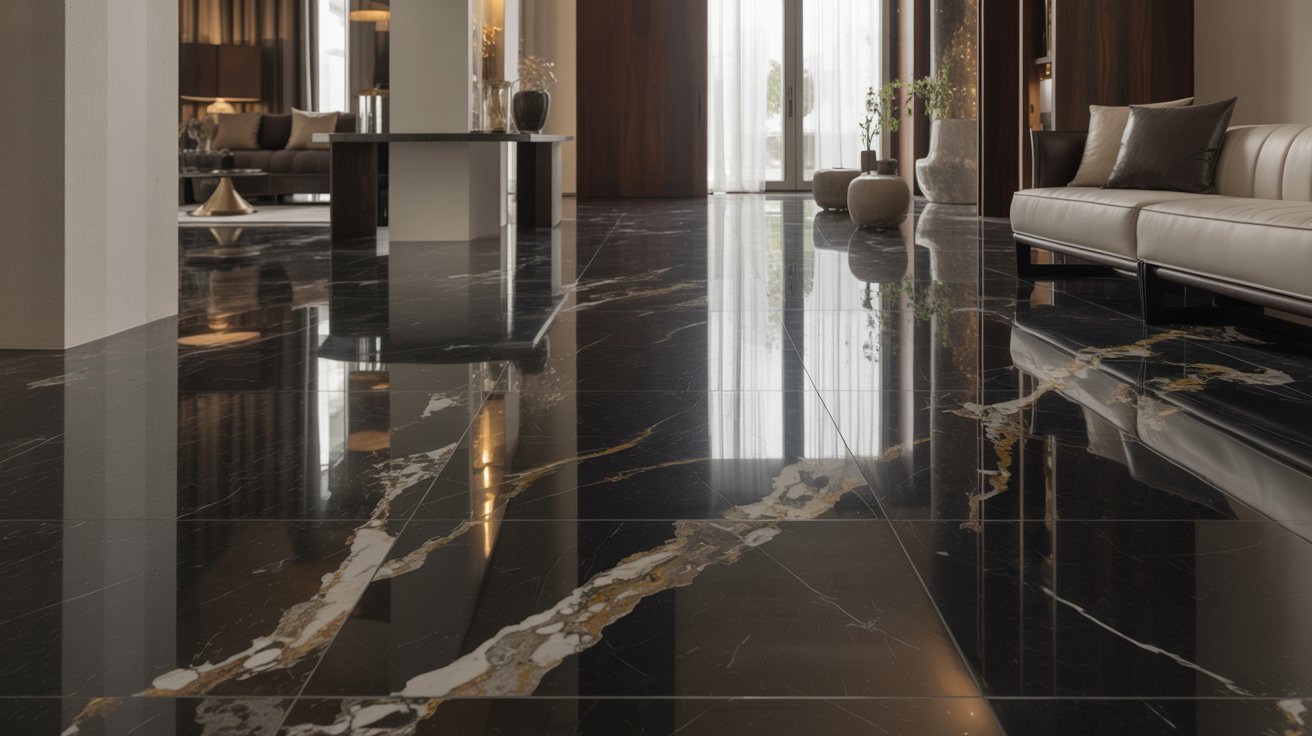 A modern living room featuring sleek black marble flooring and contemporary furnishings.