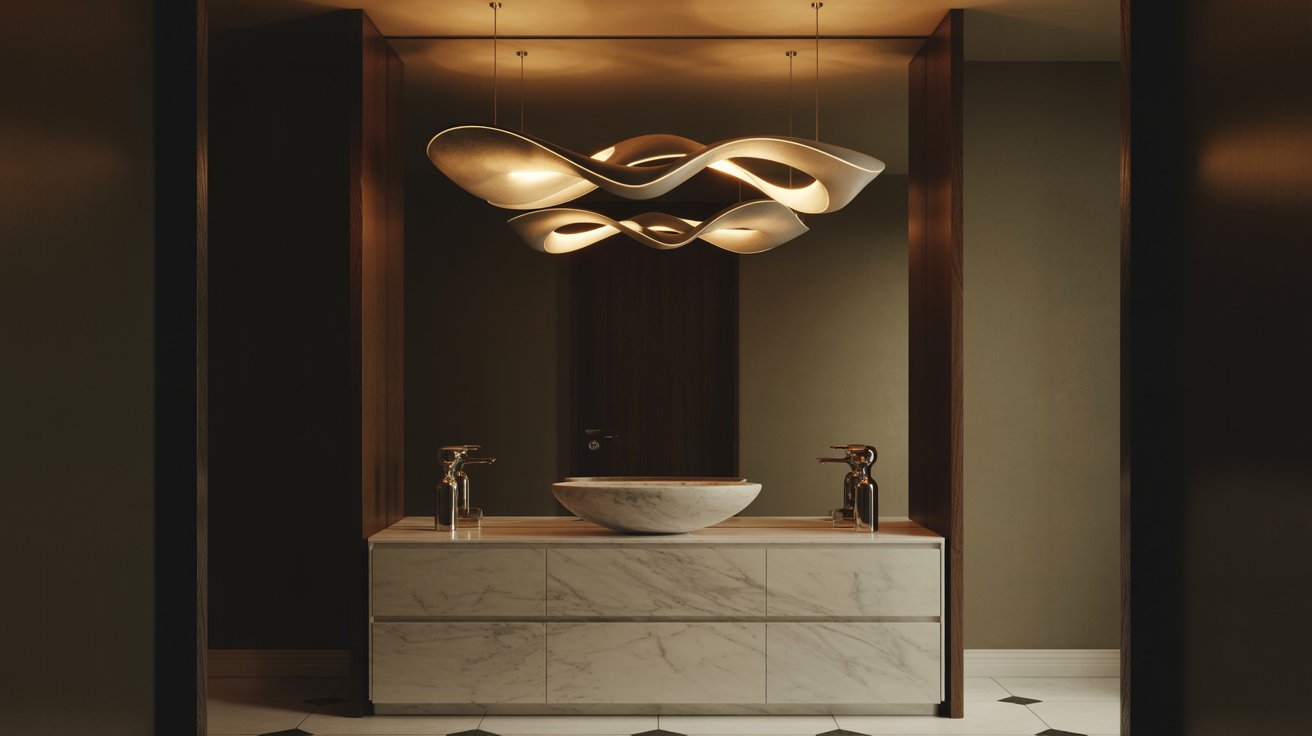 A bathroom featuring a sleek marble vanity and an elegant light fixture above it.