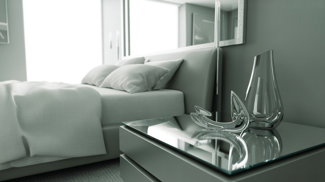 A neatly made bed with a glass vase placed on top, adding a touch of elegance to the room's decor.