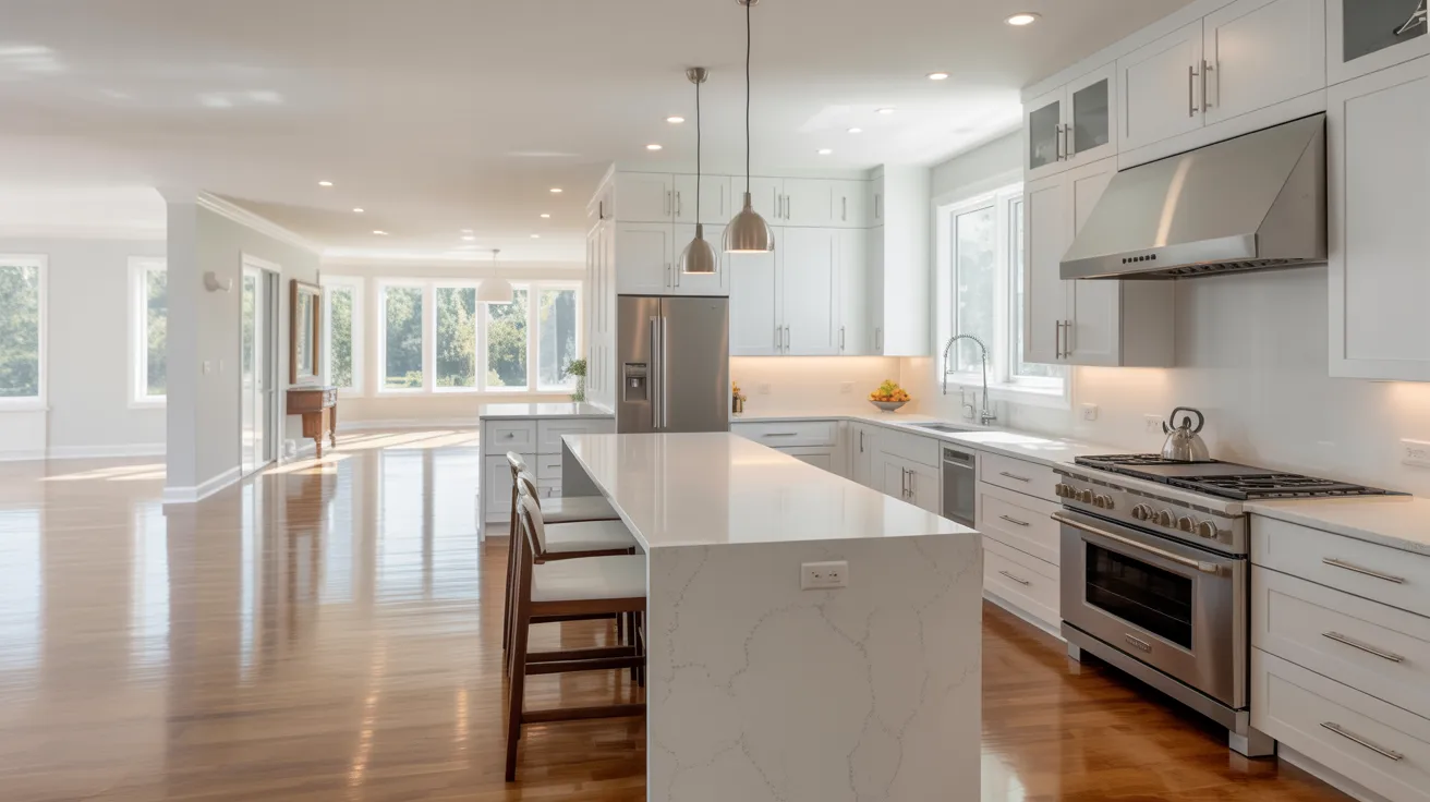  A bright kitchen featuring white cabinets and polished hardwood floors, showcasing a clean and modern design.