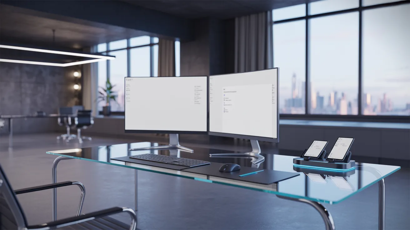 A glass desk featuring two computer monitors and a smartphone, arranged for an efficient workspace setup.