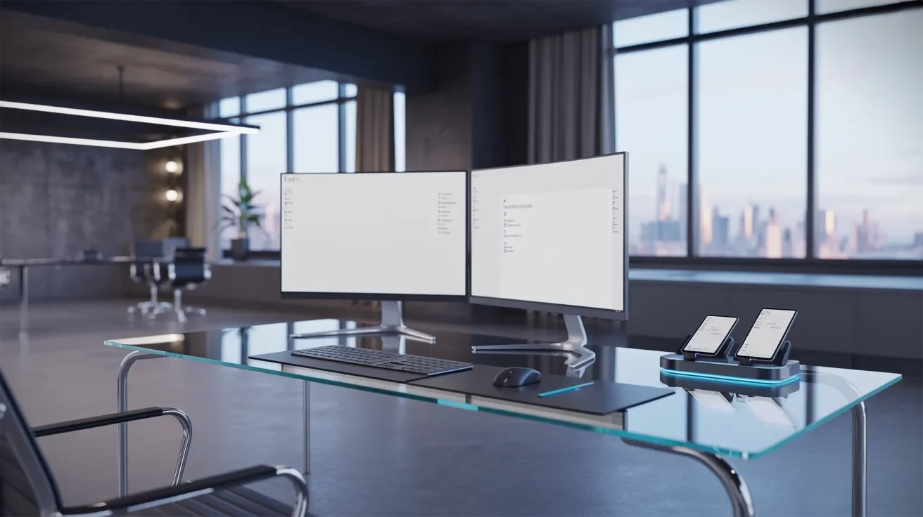 A glass desk featuring two computer monitors and a smartphone, arranged for an efficient workspace setup.