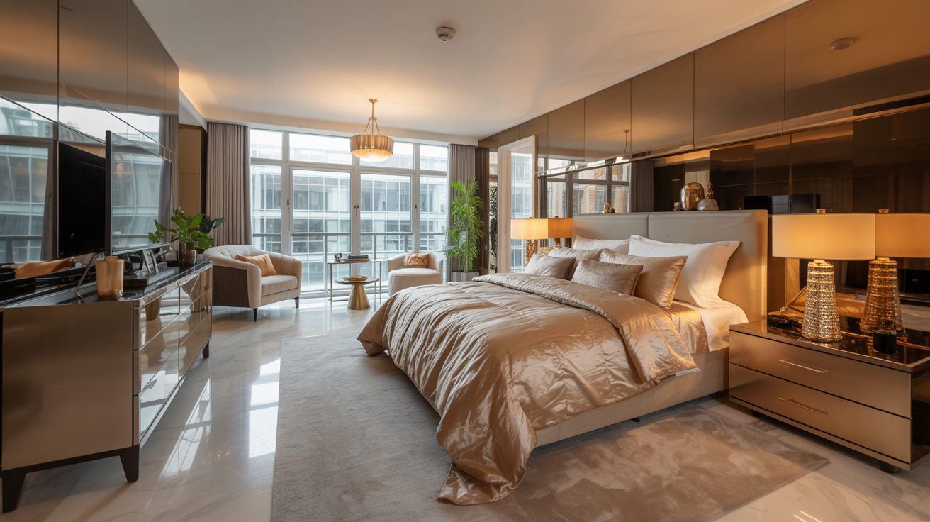  A modern bedroom featuring gold accents and a spacious bed, creating an elegant and inviting atmosphere.