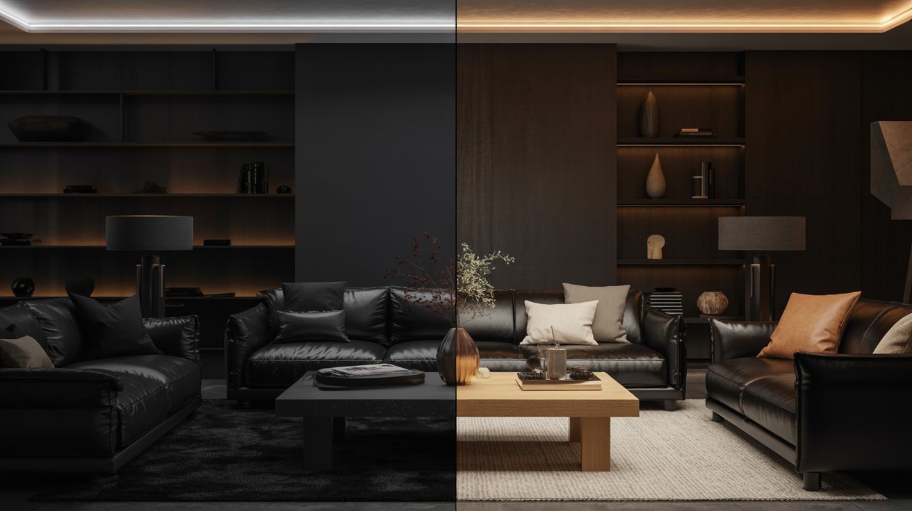 A stylish living room with elegant black furnishings and a bright, illuminated ceiling.