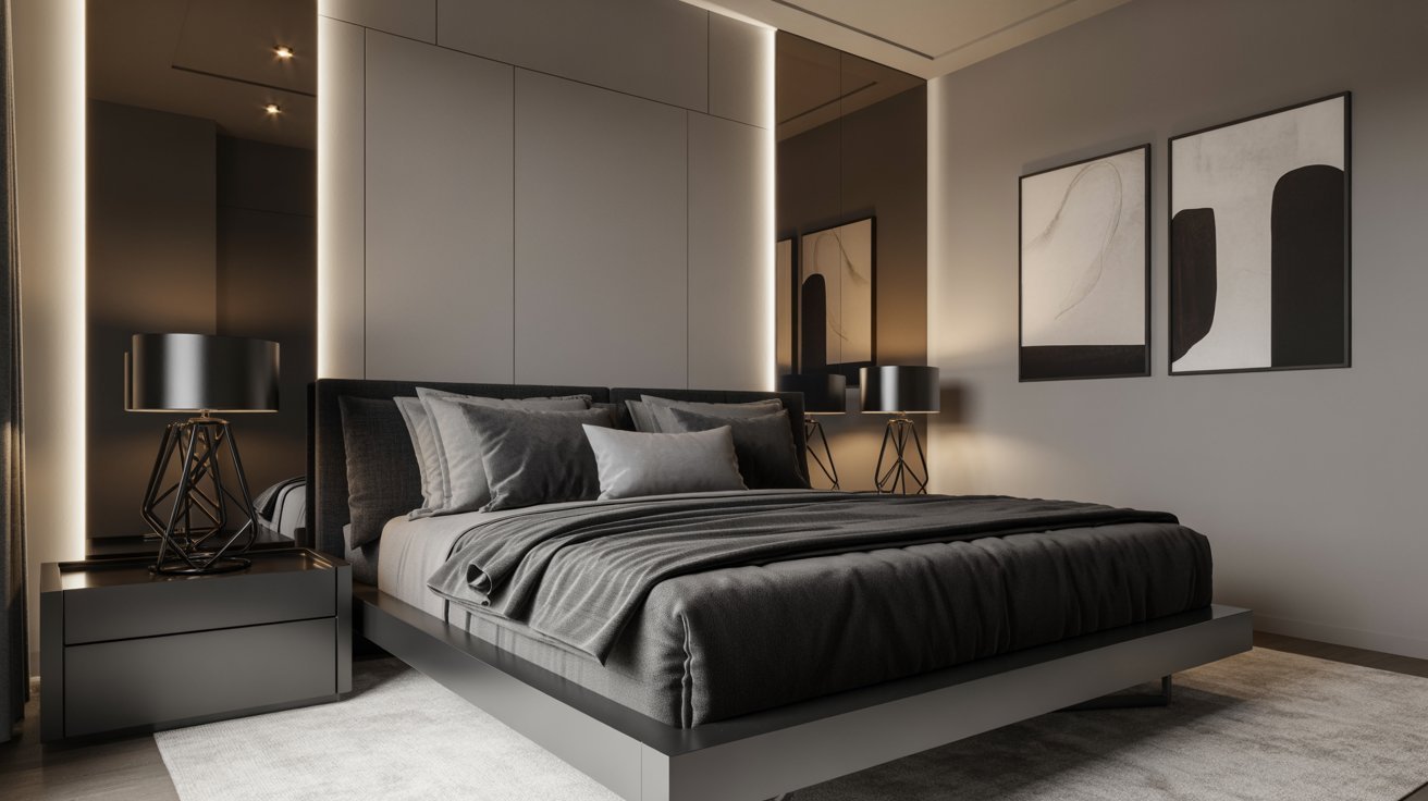 A modern bedroom featuring a neatly made bed and a stylish nightstand beside it.
