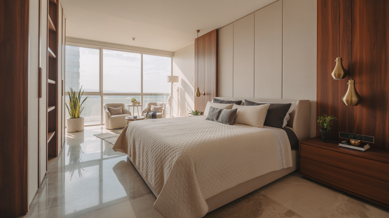 A spacious bedroom featuring a large bed and a stunning view of the ocean through a window.