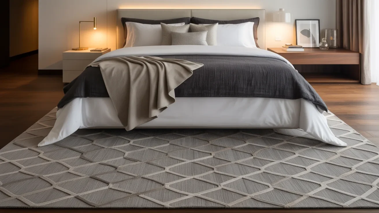 A cozy bedroom featuring a neatly made bed and a stylish nightstand beside it.