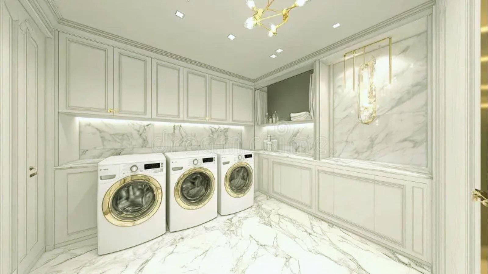  A bright white and gold laundry room featuring elegant marble floors and modern appliances.