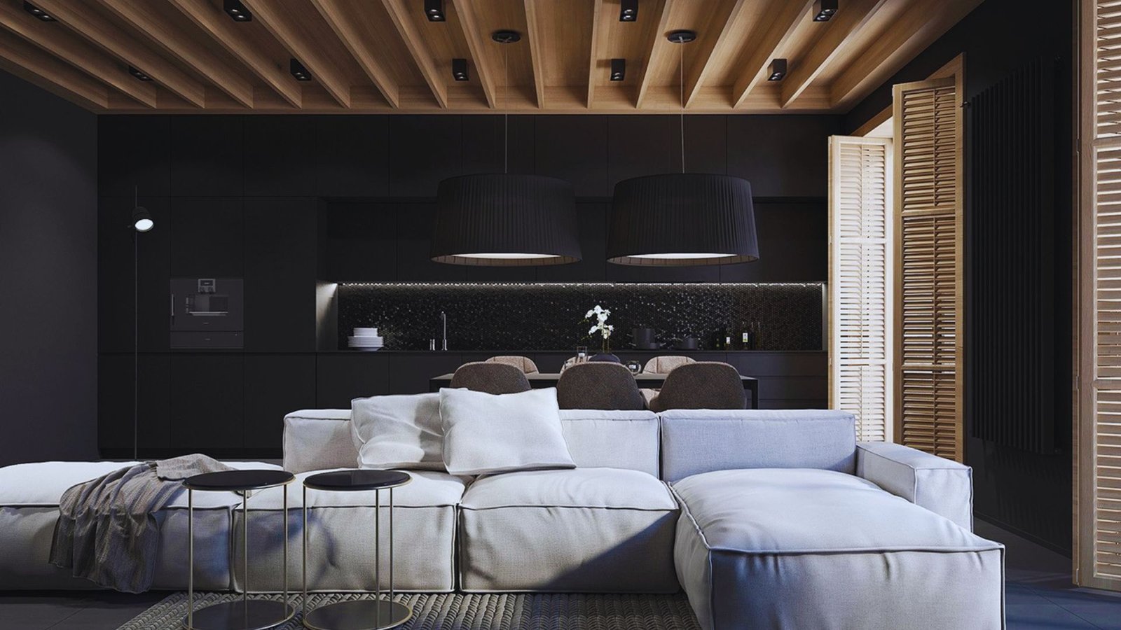 A modern living room featuring black walls and a warm wooden ceiling, creating a stylish and cozy atmosphere.