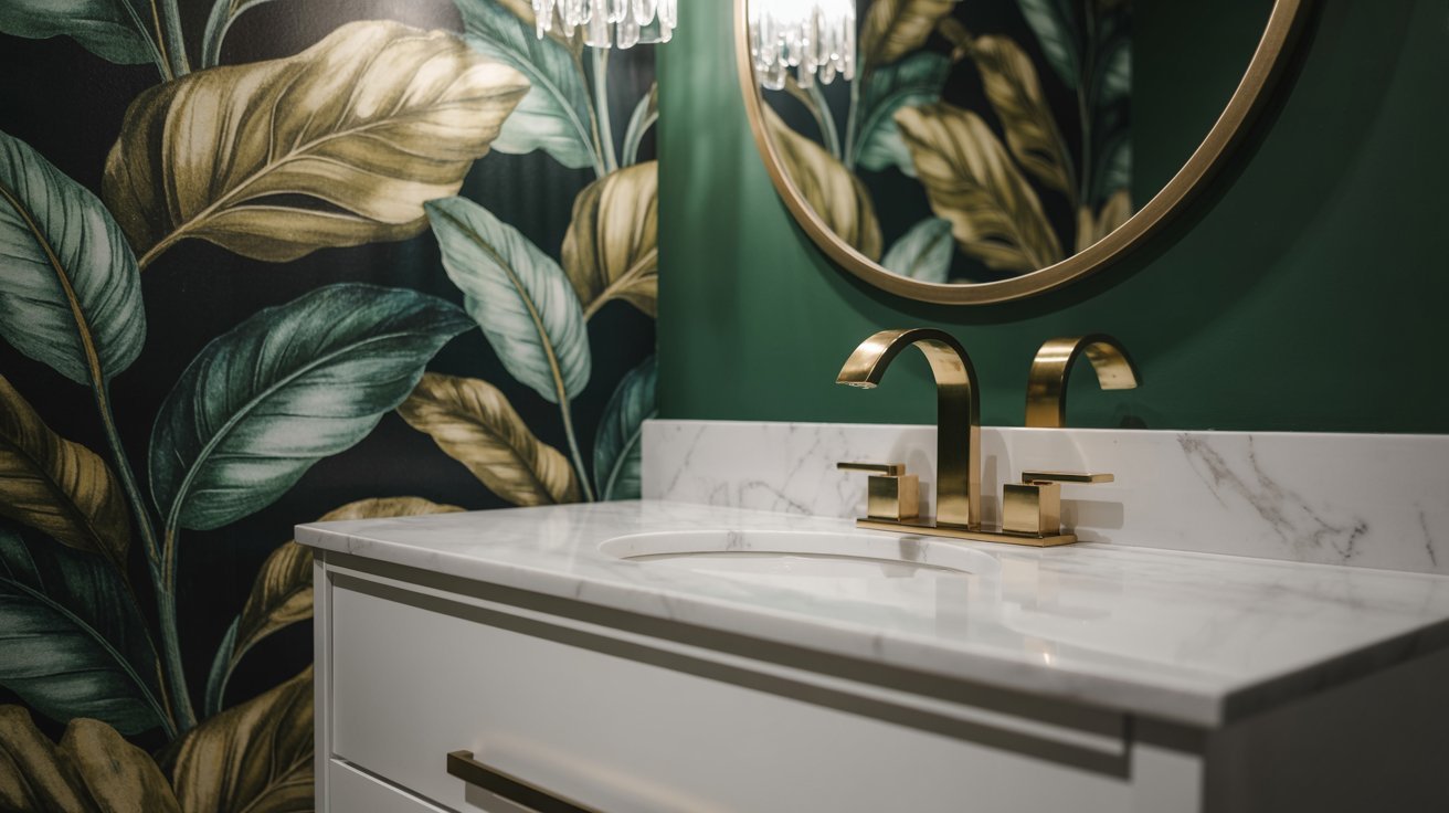 A luxurious bathroom featuring elegant gold fixtures and vibrant green wallpaper.