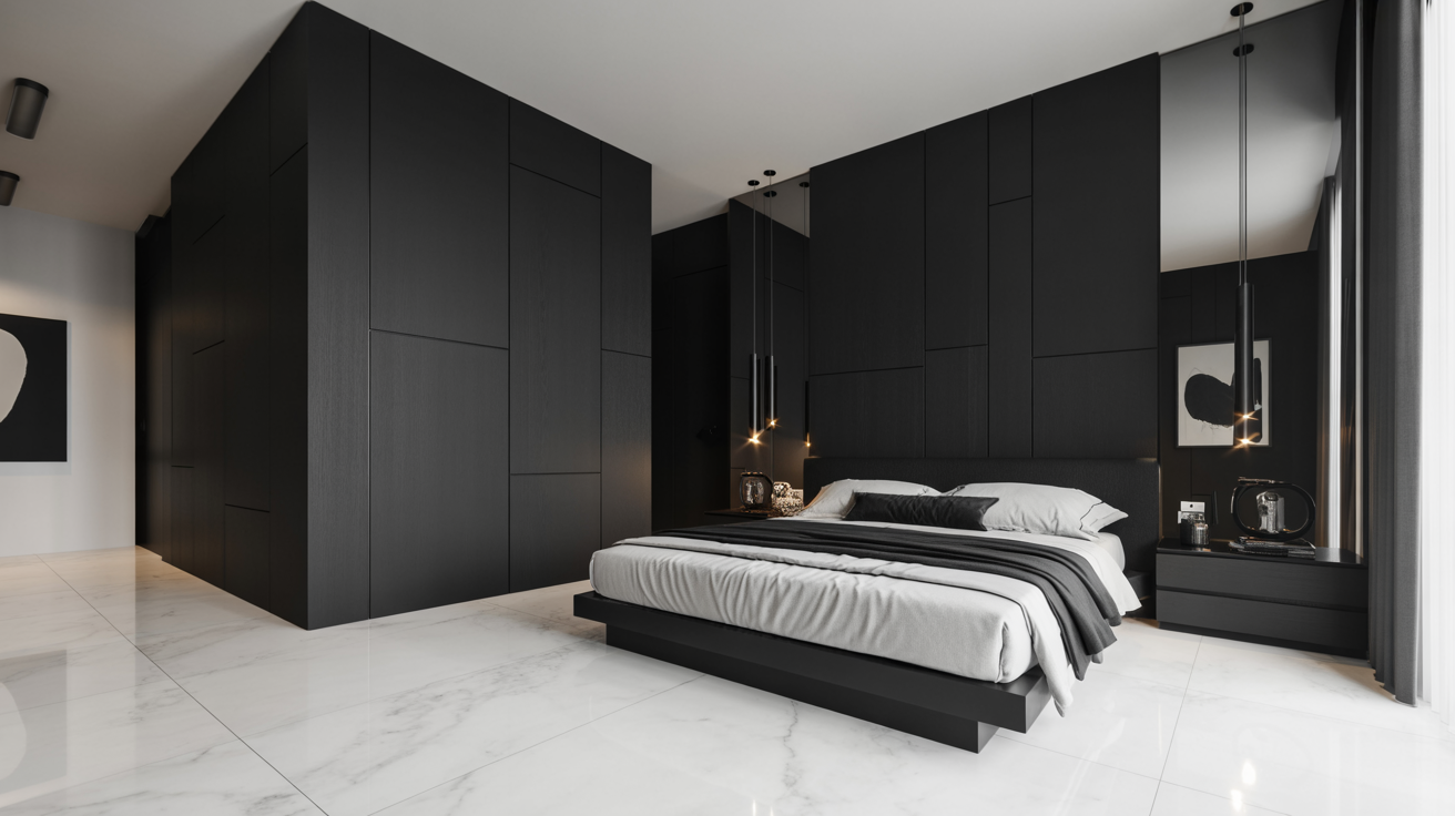 Stylish black and white bedroom interior showcasing a blend of modern design elements and sophisticated decor choices.