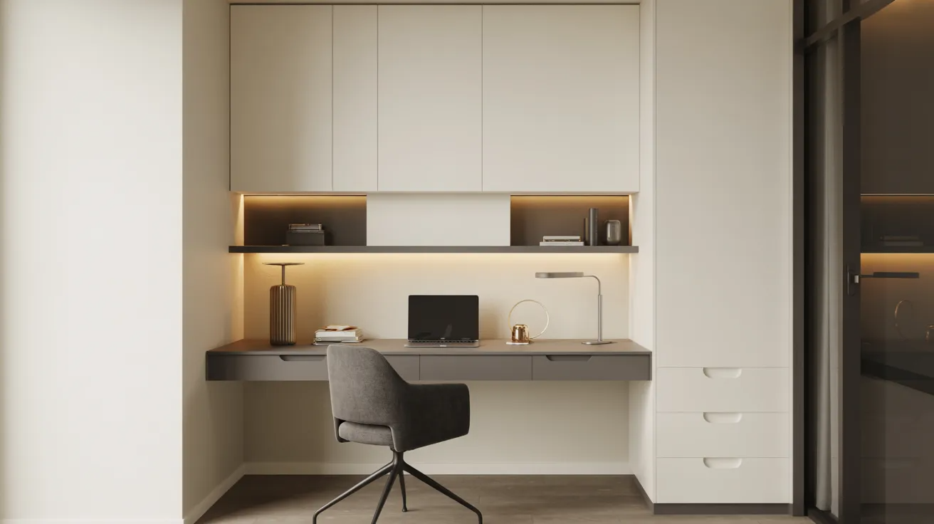 A contemporary home office setup with a minimalist desk and comfortable chair.
