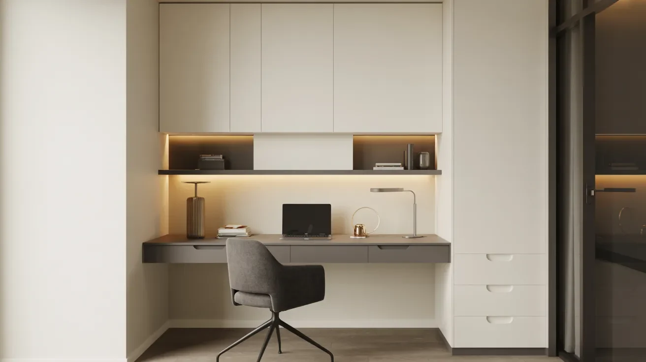A contemporary home office setup with a minimalist desk and comfortable chair.