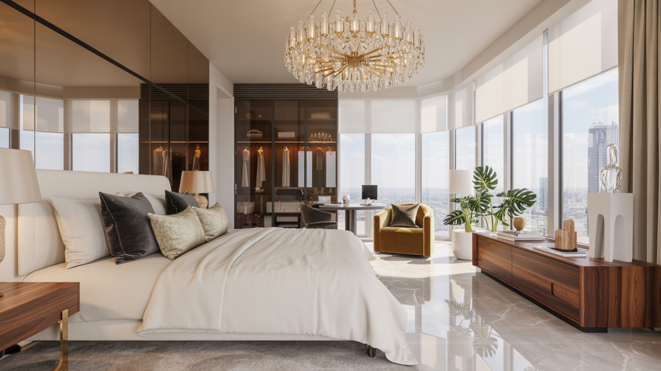  Contemporary bedroom with a spacious window showcasing a vibrant cityscape.