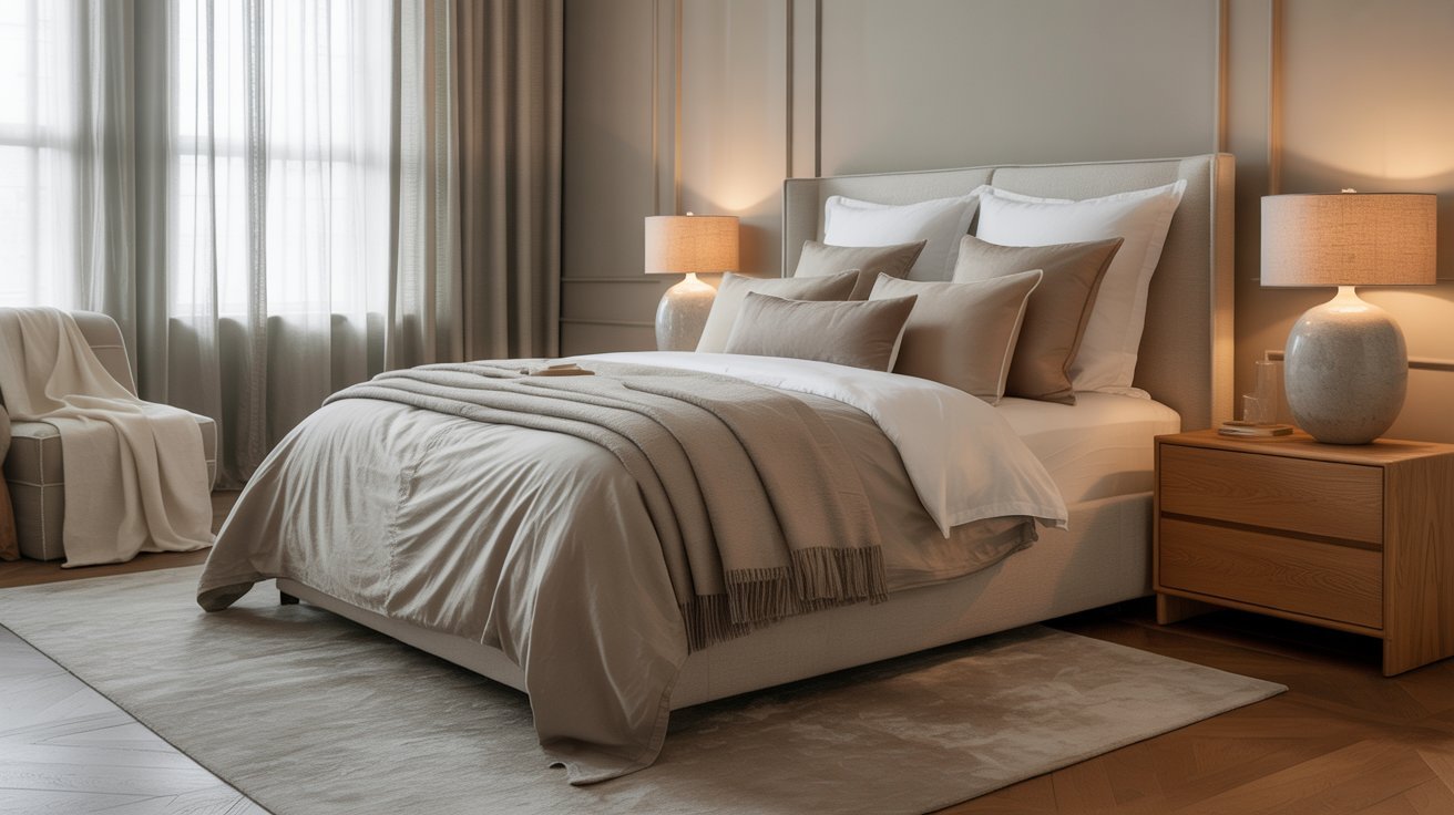  A cozy bedroom featuring a bed, a nightstand, and a lamp, creating a warm and inviting atmosphere.