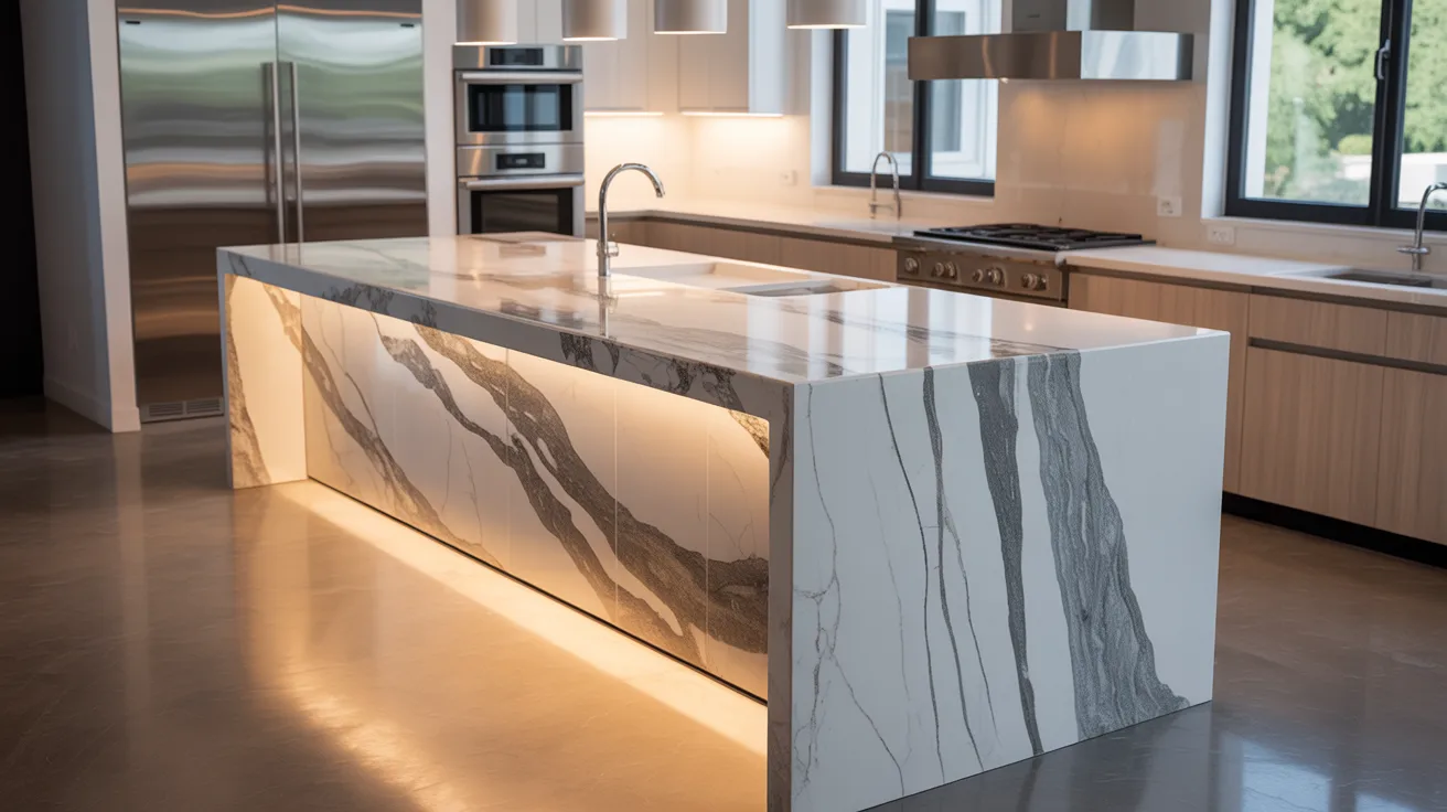  Contemporary kitchen design showcasing a stylish marble island in the center.
