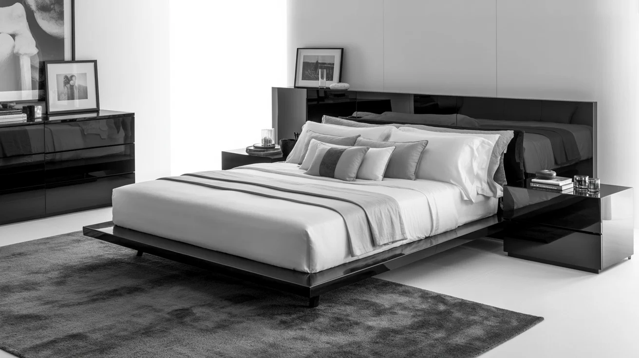 A black and white bedroom featuring a neatly made bed and two dressers against the wall.