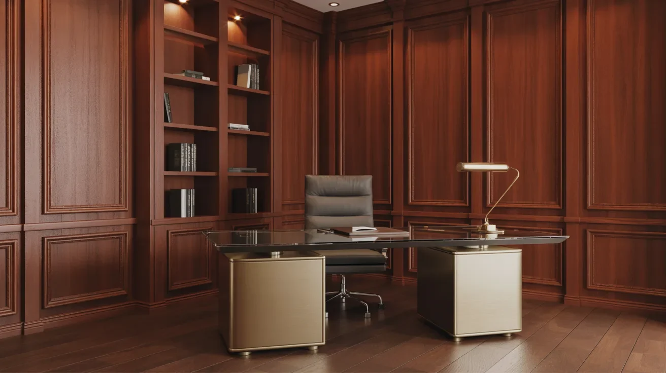 A stylish home office with rich wooden paneling and a functional desk setup.