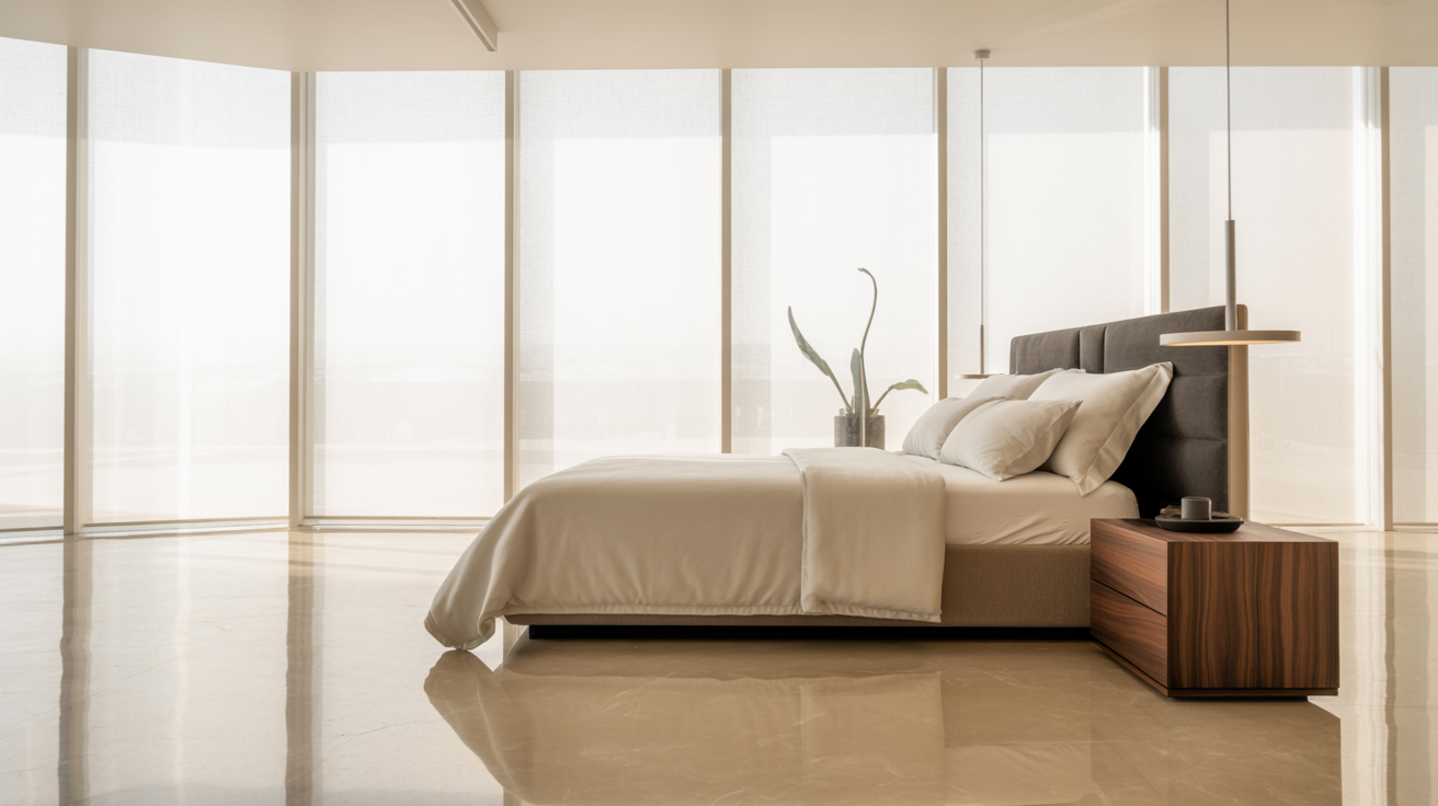 Modern bedroom featuring large windows, a white bed, and a bright, airy atmosphere.