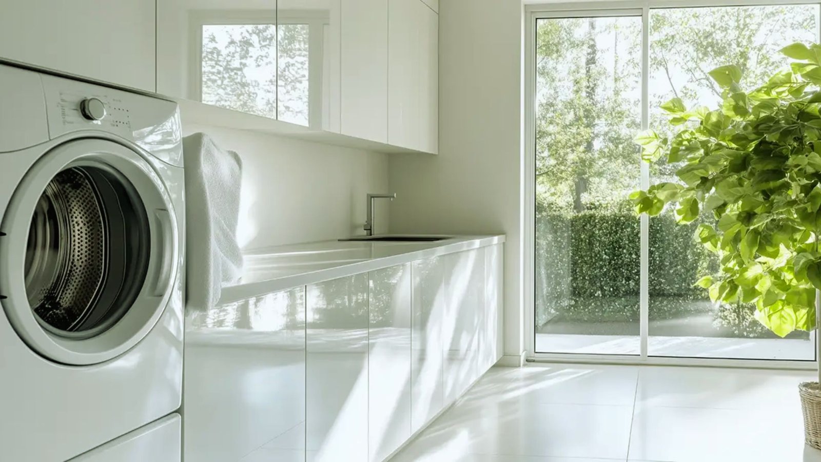 A bright white laundry room featuring a washer and dryer side by side against a clean wall.