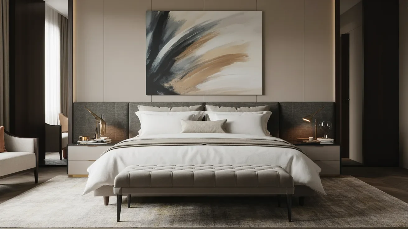 A modern bedroom featuring a large, colorful painting prominently displayed on the wall.