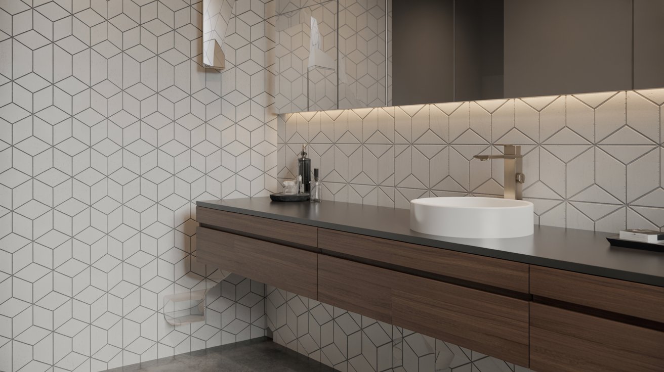 A modern bathroom featuring a stylish white and black tiled wall, showcasing contemporary design elements.