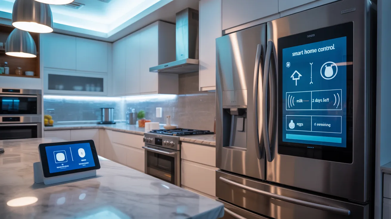 A sleek modern kitchen featuring a smart device prominently placed on the counter.