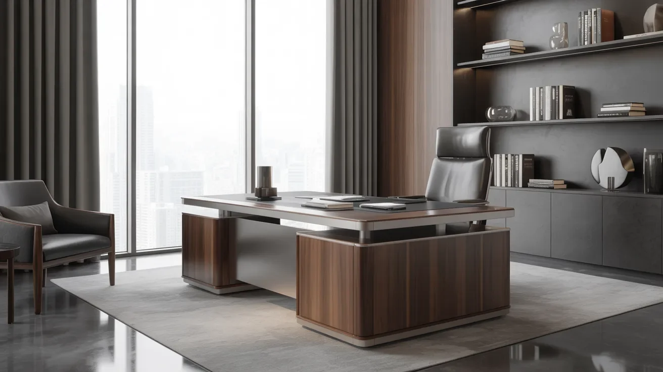 A contemporary office space showcasing a stylish desk and a comfortable chair, ideal for work.
