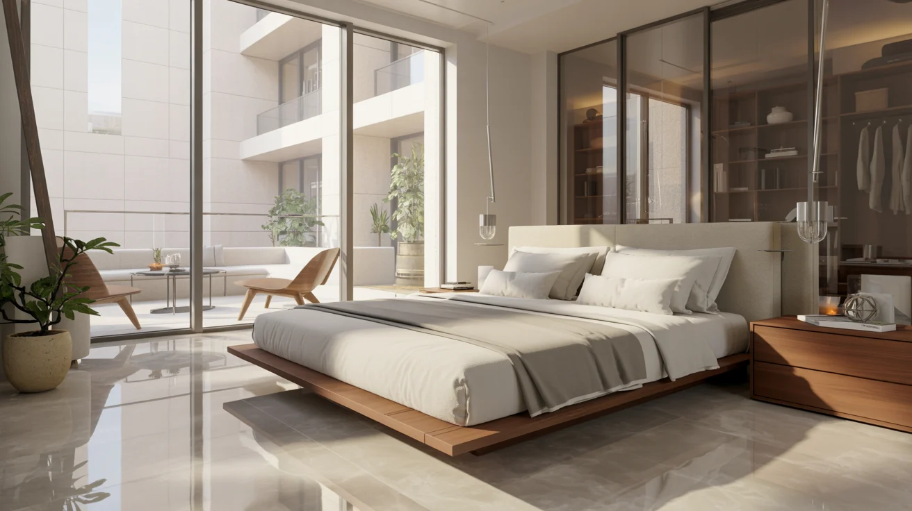 A modern bedroom featuring a neatly made bed and a large window allowing natural light to fill the space.