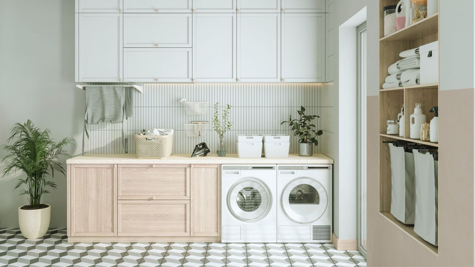 A modern laundry room featuring a white and gray color scheme, equipped with a washer and dryer side by side.
