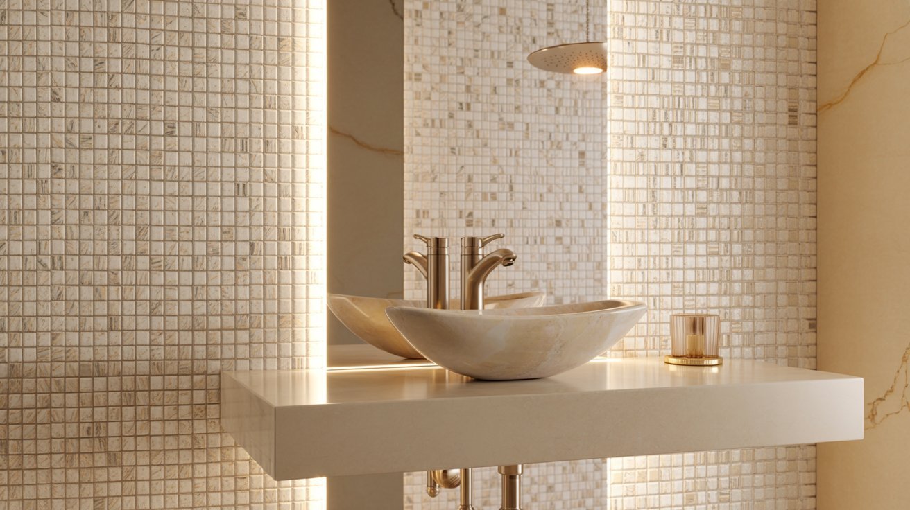 A stylish bathroom with a polished marble sink and a contemporary mirror above it.
