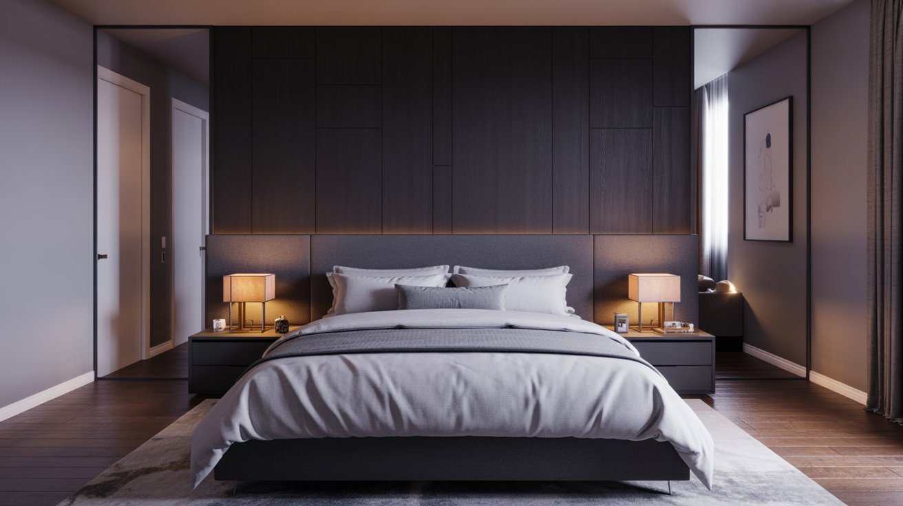 A contemporary bedroom with a neatly made bed and elegant wooden walls, showcasing a minimalist design.
