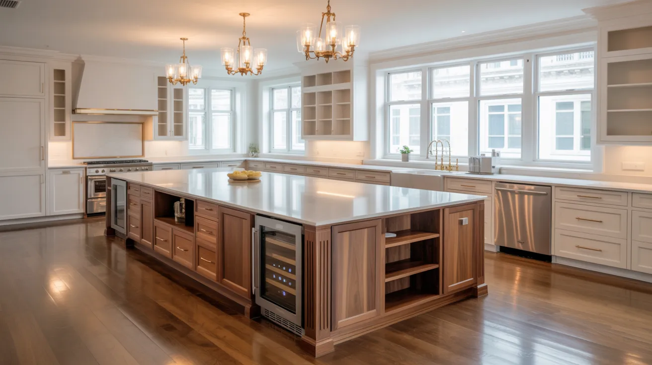 A stylish kitchen with a spacious center island and a wine fridge, ideal for cooking and hosting gatherings.