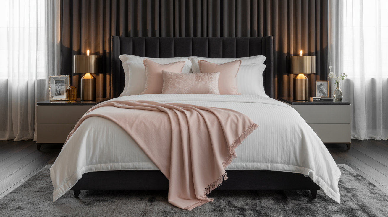 A modern bedroom featuring a black headboard and a pink bed, creating a stylish and contemporary atmosphere.