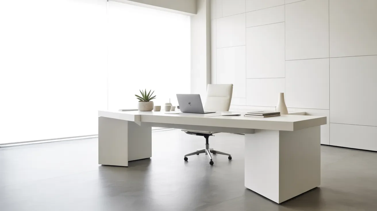 A modern office featuring sleek white furniture and a laptop on a desk, creating a clean and professional workspace.