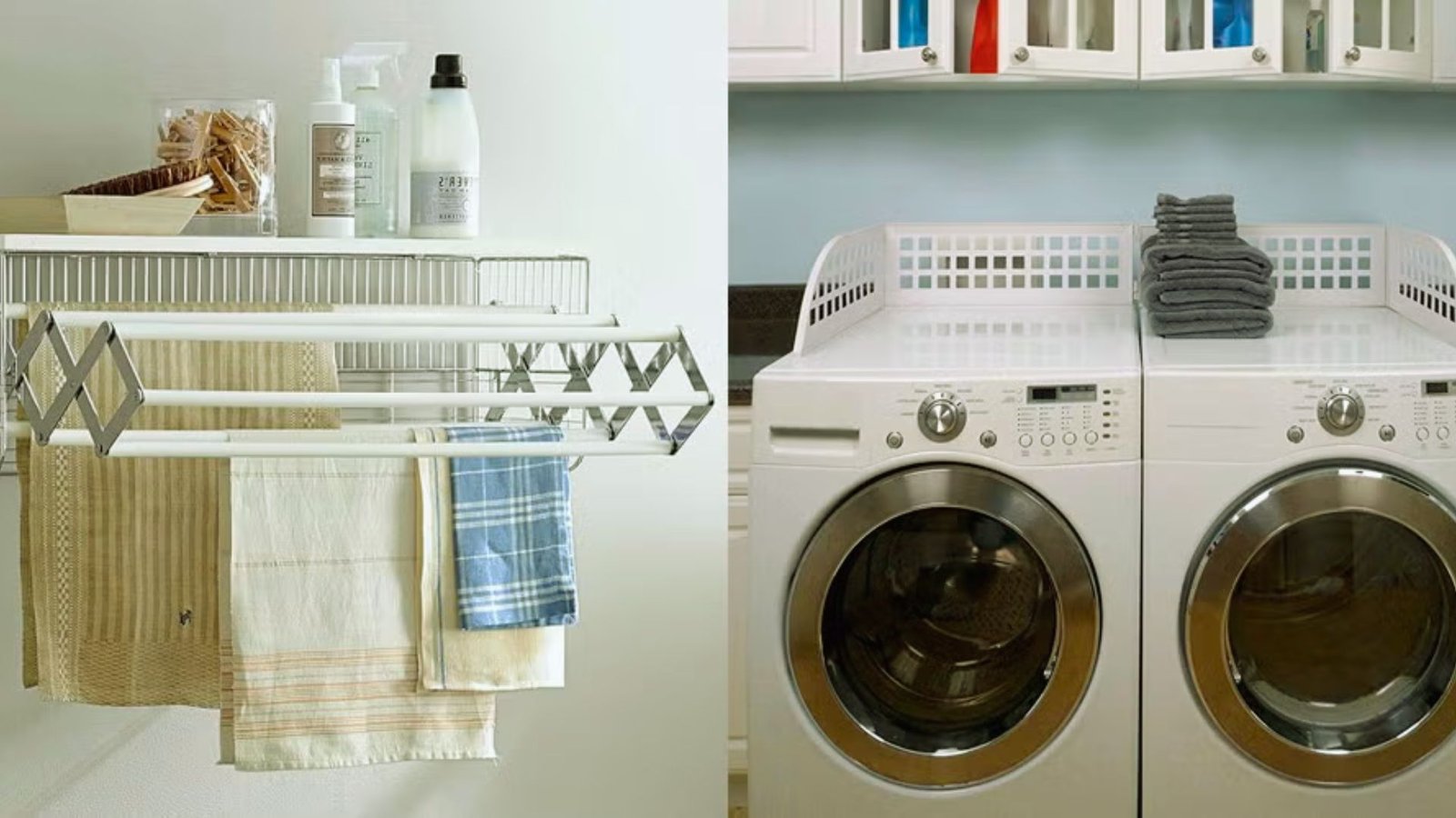 . A laundry room featuring a washer and dryer, with shelves and laundry supplies visible in the background.