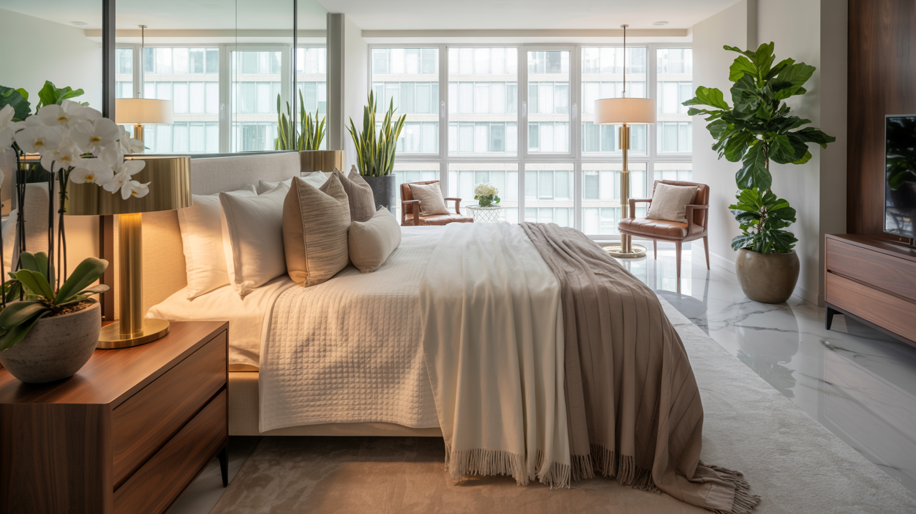A cozy bedroom featuring a bed, a television, and a potted plant in the corner.