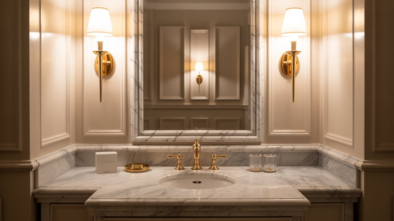 A luxurious bathroom featuring elegant marble countertops and stylish gold fixtures.