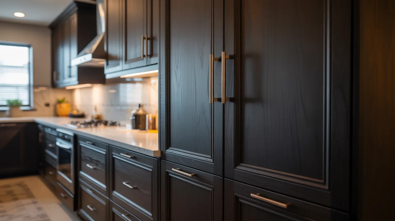 A kitchen featuring dark wood cabinets and a stainless steel sink, creating a warm and inviting atmosphere.