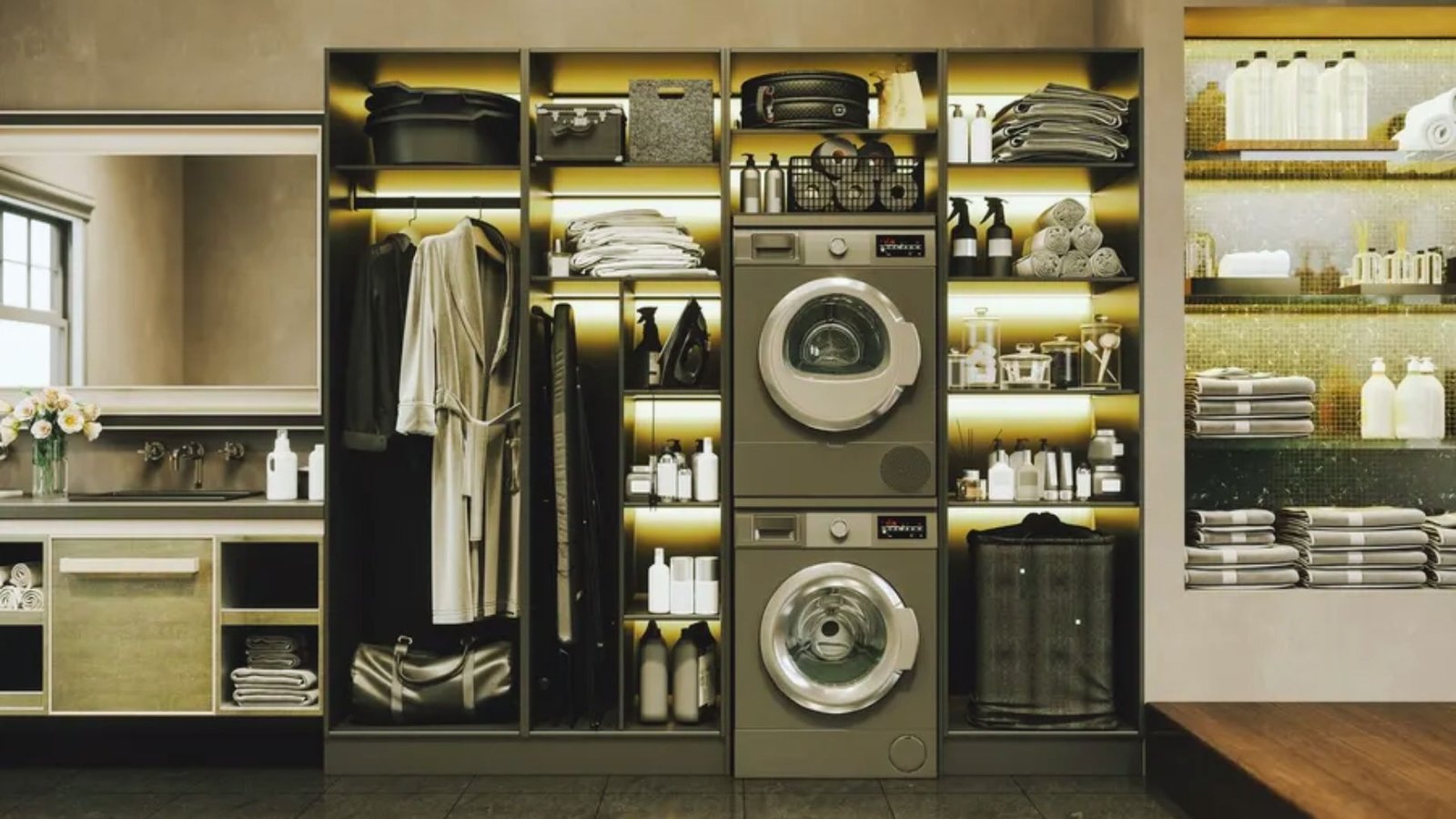 A laundry room featuring a washer and dryer, with shelves and laundry supplies visible in the background.
