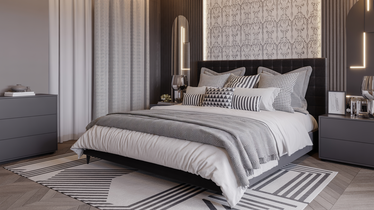 A modern bedroom featuring a black headboard with gray and white decor, creating a sleek and stylish atmosphere.