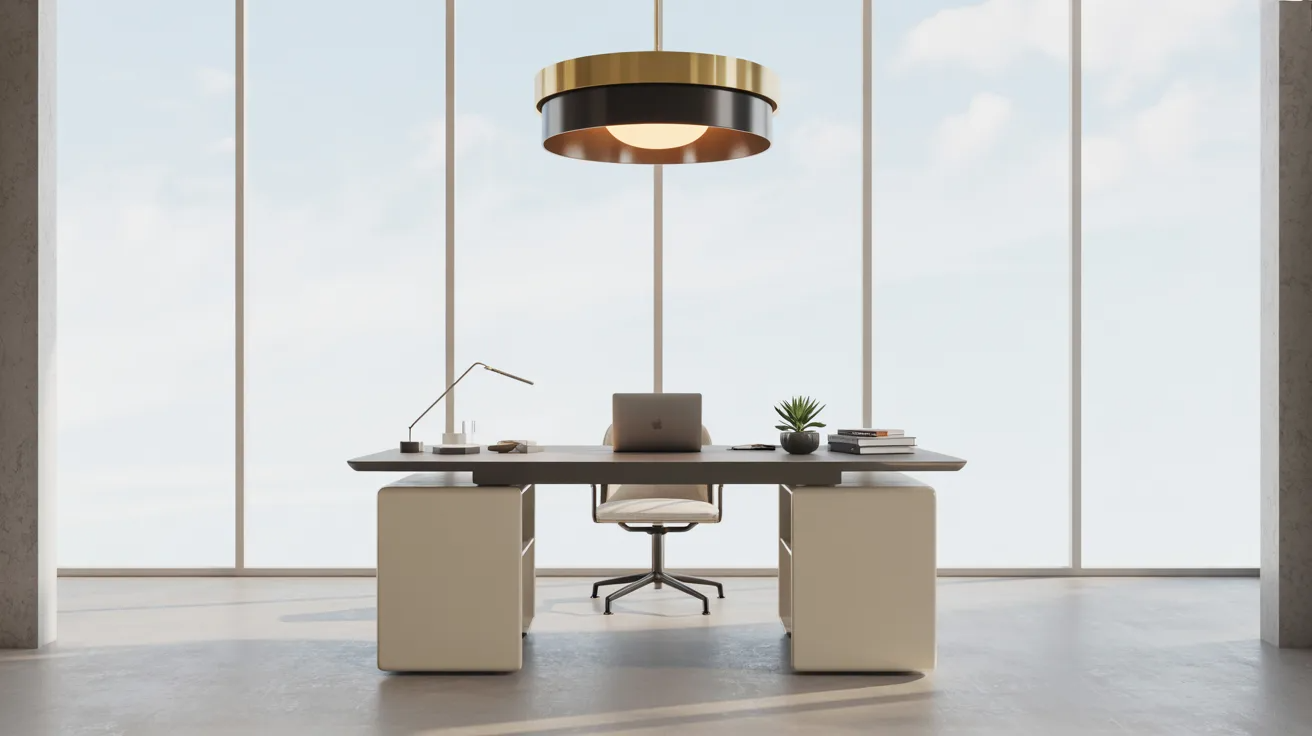 Modern office featuring large windows and a sleek desk, creating a bright and open workspace.