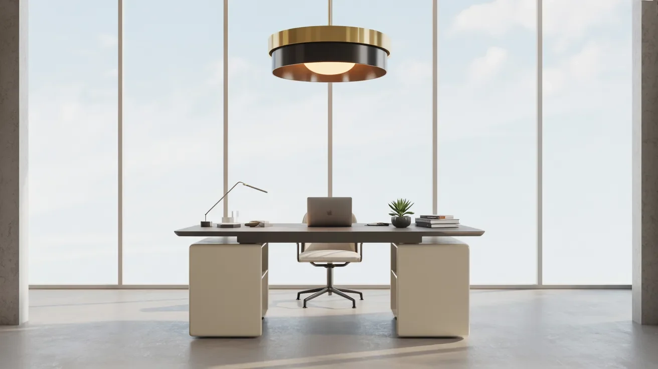 Modern office featuring large windows and a sleek desk, creating a bright and open workspace.