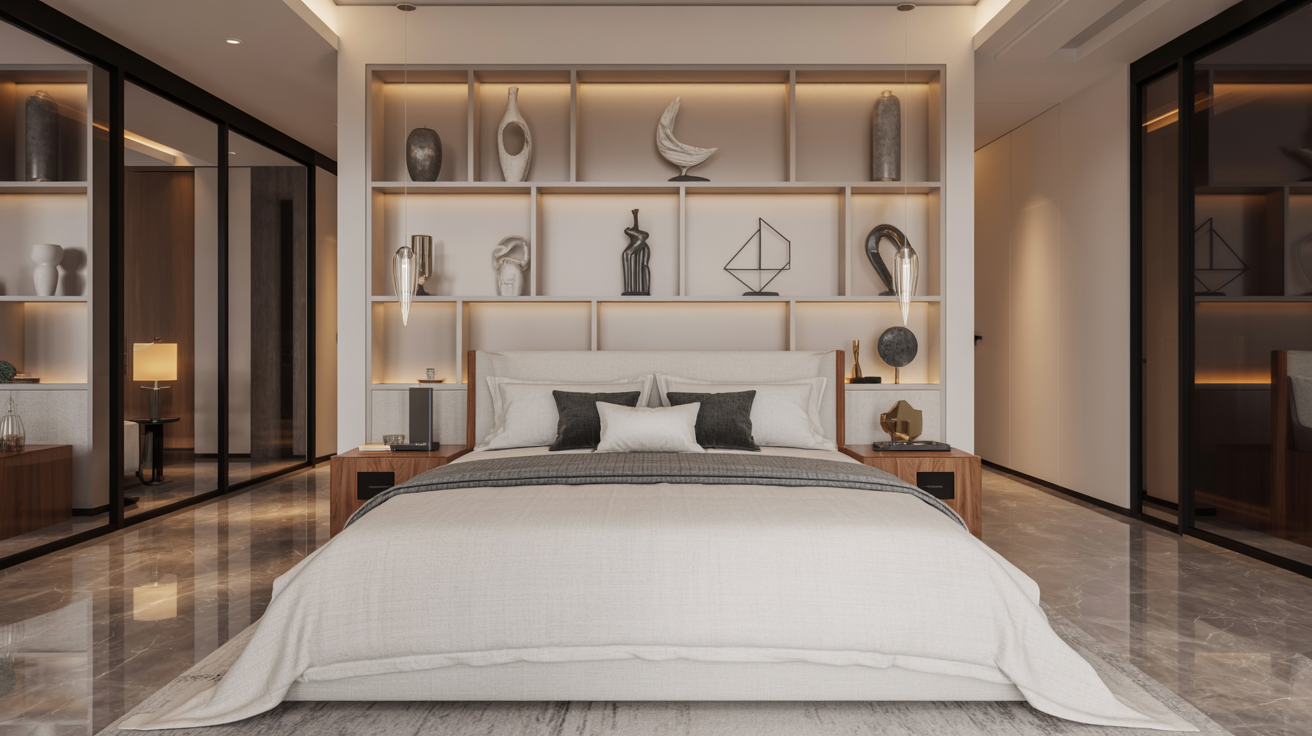 A modern bedroom featuring a neatly made bed and stylish shelves against the wall.