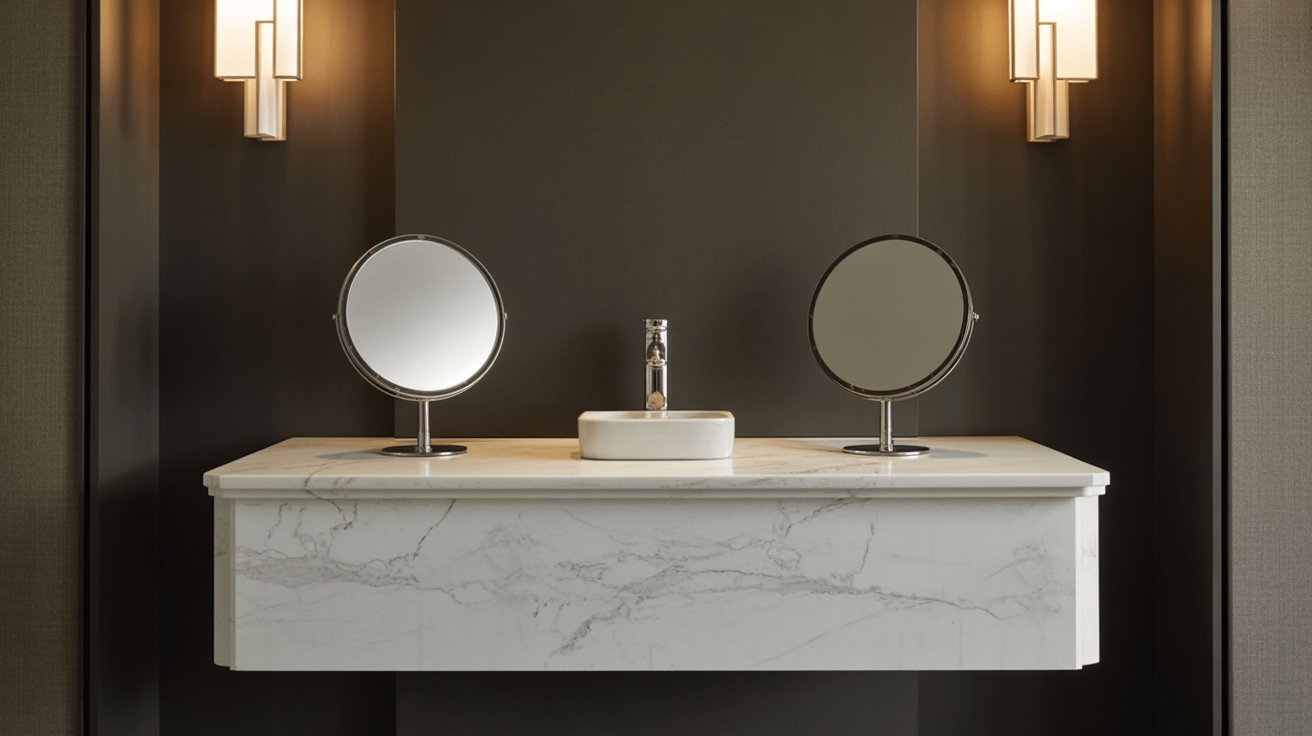 A bathroom sink with two side mirrors and a central mirror reflecting the sink area.