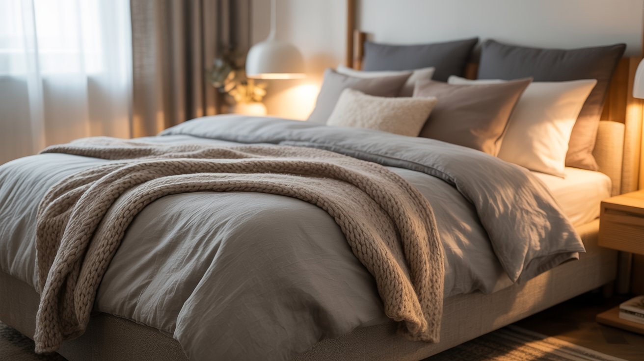 A comfortable bed adorned with a blanket and pillows, set in a tranquil bedroom environment.